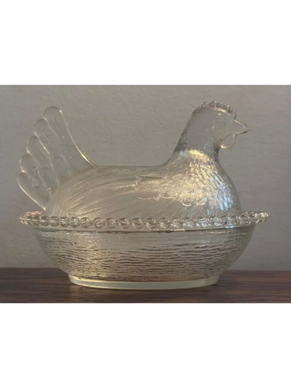 Vintage Indiana Glass Hen On Nest Covered Dish Beaded Edge - Decorative Clear